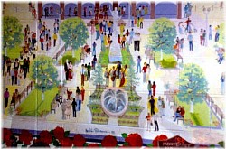 Robin was taken to Monterrey Mexico to duplicate the plaza. And, the people in the mural plaza are customers at the restaurant as well as the owners. There are celebrities that dined at the restaurant also in mural.