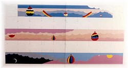This is a photo of the plans for a carpet mural that was done around a bowling alley in Wichita Falls, TX. (3 walls 100 ft long & 10 ft high.)